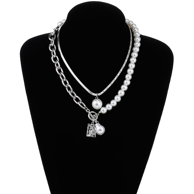Fashion 2 Layers Pearls Geometric Pendants Necklaces