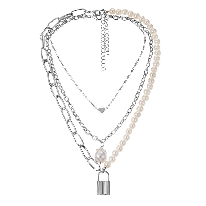 Fashion 2 Layers Pearls Geometric Pendants Necklaces
