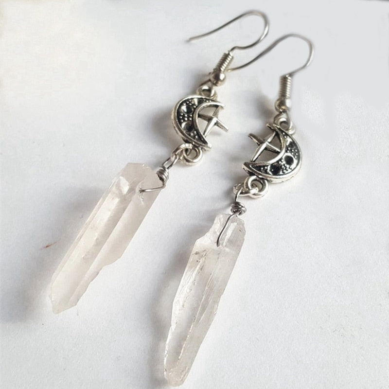 Clear Quartz Moon Earrings - Boho