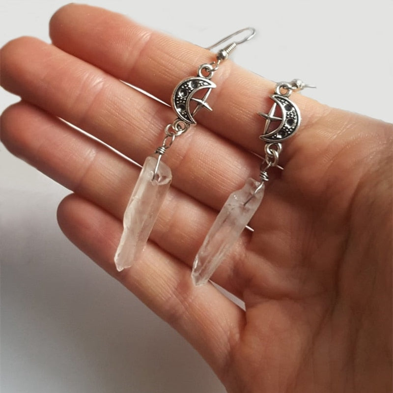 Clear Quartz Moon Earrings - Boho