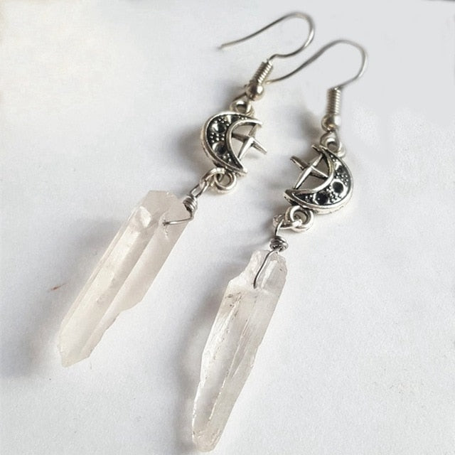Clear Quartz Moon Earrings - Boho