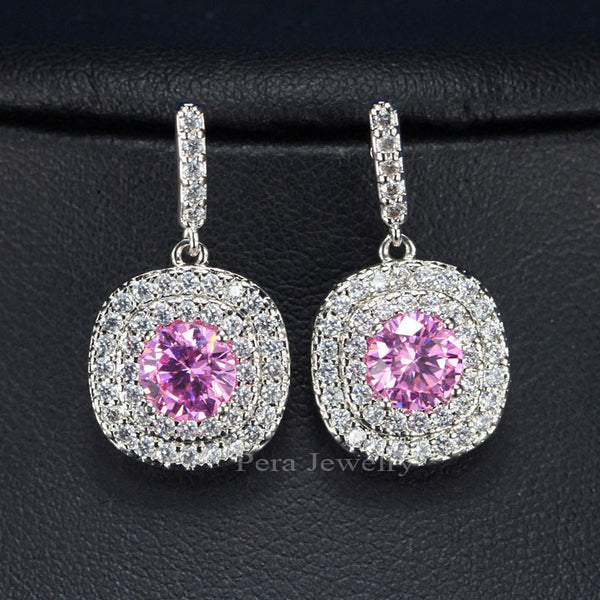 Silver Color Big Square Cubic Zirconia Yellow Stone Dangling Drop Earrings