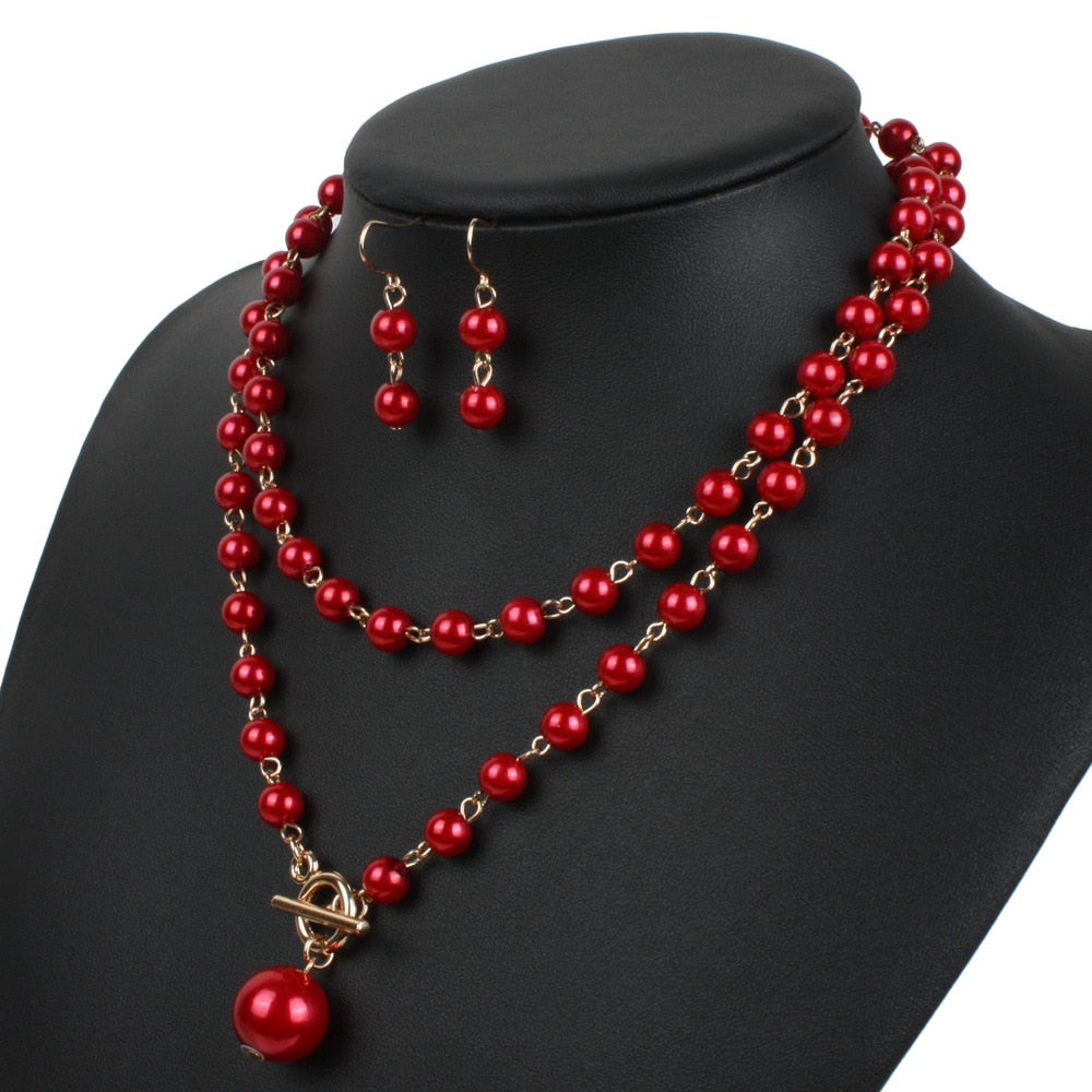 Red Simulated Pearl Bridal Wedding Jewelry Sets
