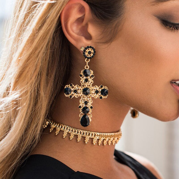 Pendientes colgantes de cruz de cristal estilo bohemio vintage para mujer