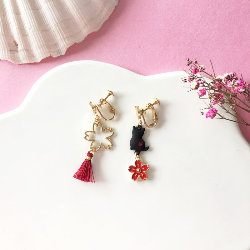 Asymmetric Chinese Japanese Style Red Sakura Clip on Earrings