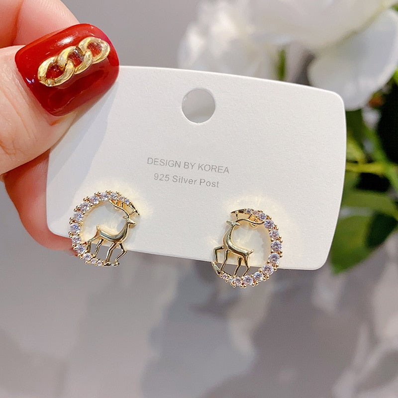 Christmas Stud Earrings Rhinestone Snowflake Elk Earrings
