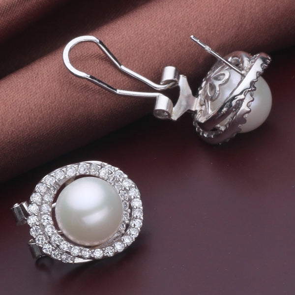 Pendientes de boda con perlas naturales y clip para mujer, grandes pendientes de perla blanca de plata 925