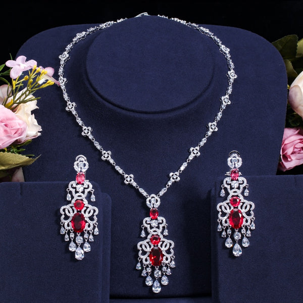 Green Crystal Micro Pave CZ Stone Large Hanging Drop Earrings Necklace Set