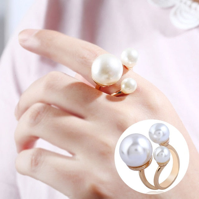 Big Imitation Pearls  Gold Color Metal Hollow  Rings