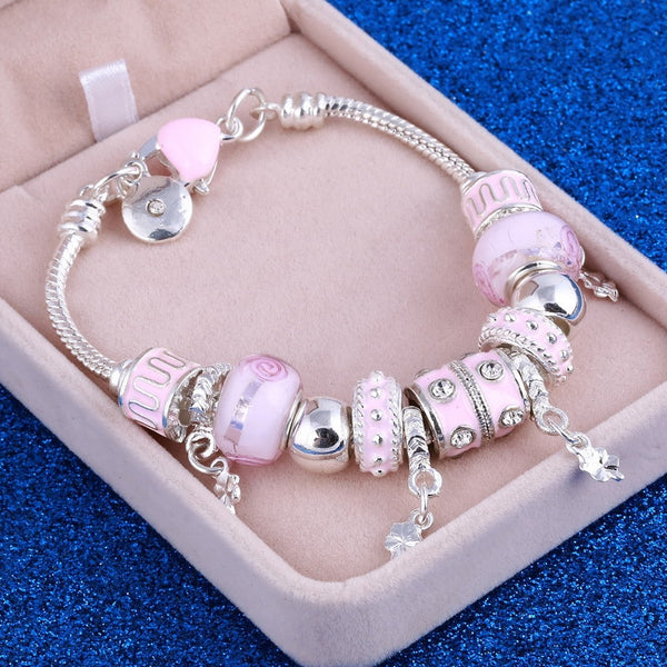 Pulseras y brazaletes de cristal rosa y plateado para mujer