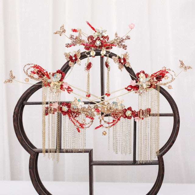 Luxury Fashion Bride style pearl tassel hairpin haircomb earrings set