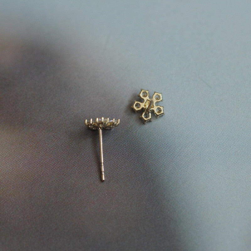 925 Sterling Silver Boho Pavé Diamond Small Flower Plating 14k Gold Earrings