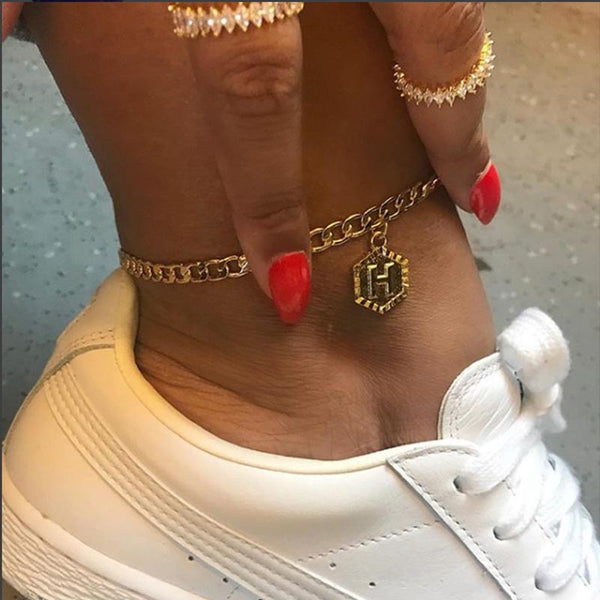 Pulseras de tobillo para mujer con colgante sencillo del alfabeto inglés