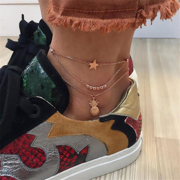 Tobilleros bohemios vintage multicapa para playa para mujer