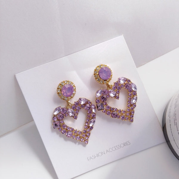 Exquisitos pendientes coreanos de lujo con forma de corazón grande morado y clip sin agujero