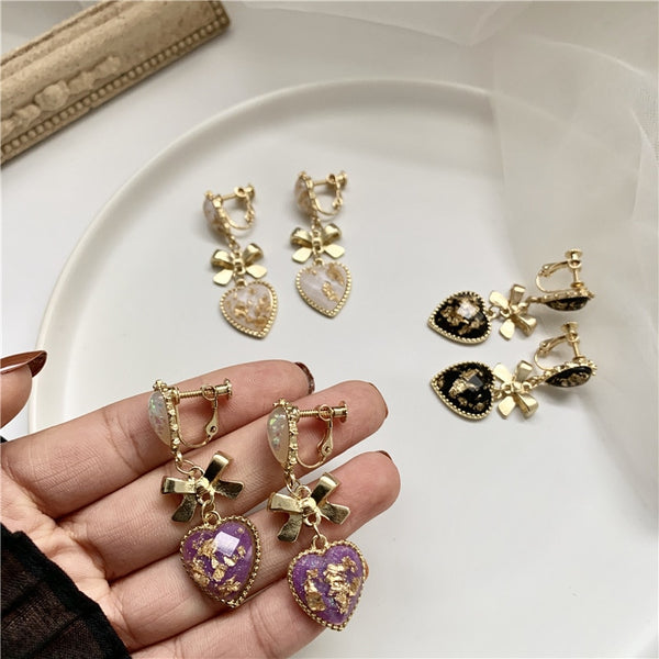 Gentle French Retro Baroque Palace Purple Heart Clip Earrings