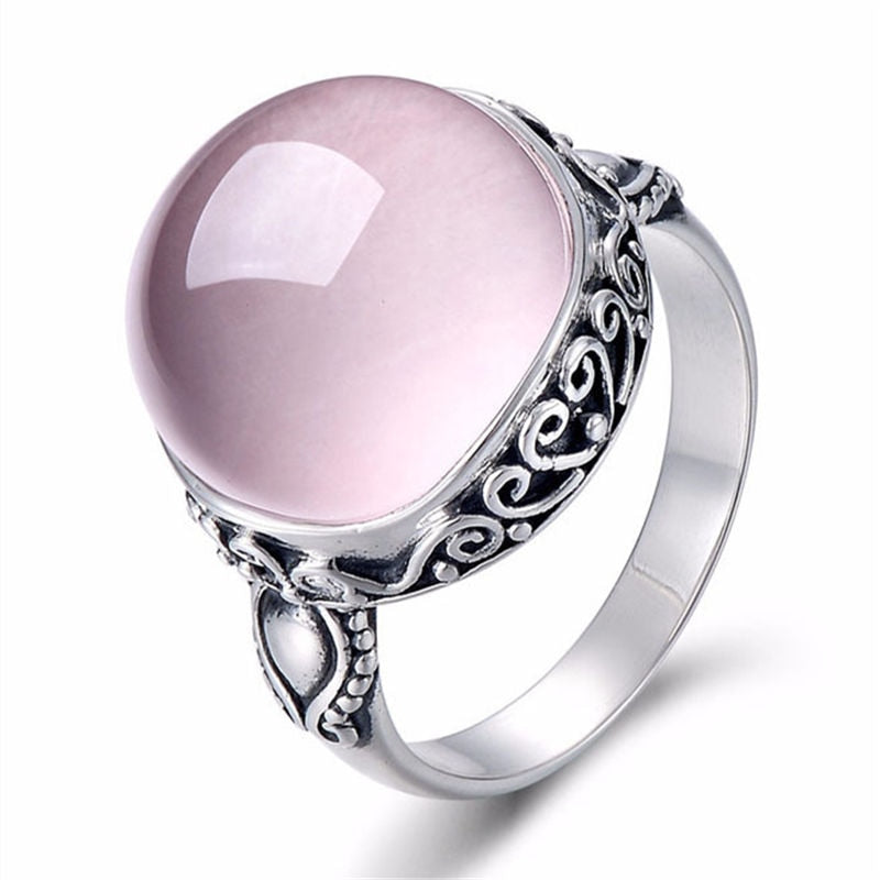 Pink Round Opal Rings For Women Statement Jewelry Vintage Moonstone Ring