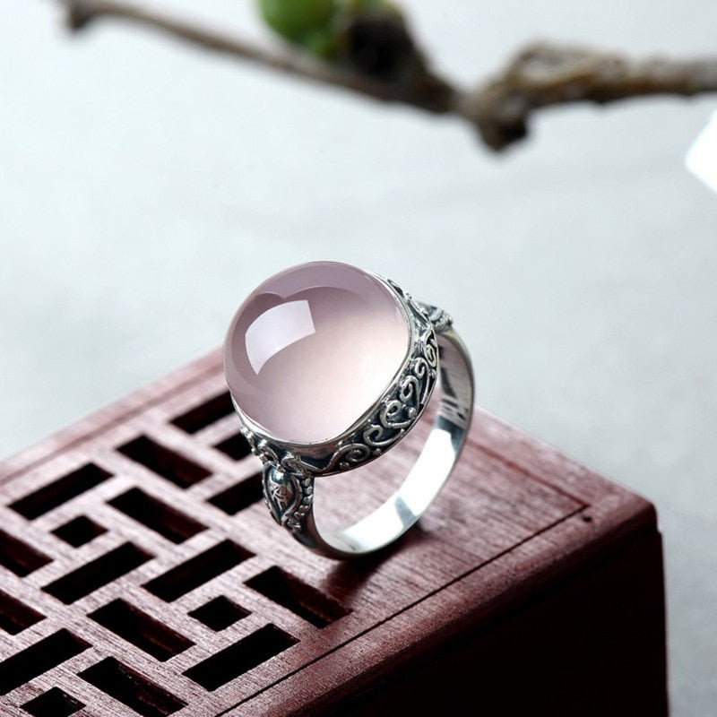Pink Round Opal Rings For Women Statement Jewelry Vintage Moonstone Ring