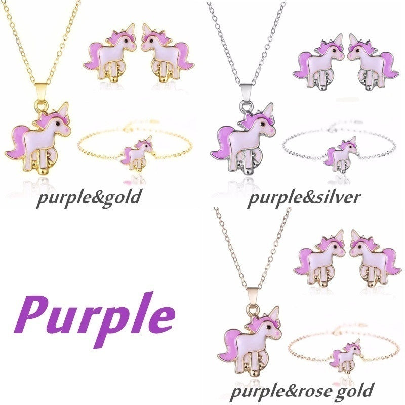Cartoon Unicorn Necklace Earrings 4 in 1 Jewelry Set