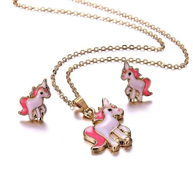 Cartoon Unicorn Necklace Earrings 4 in 1 Jewelry Set