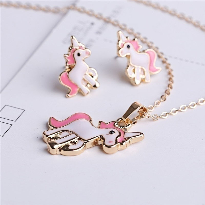 Cartoon Unicorn Necklace Earrings 4 in 1 Jewelry Set