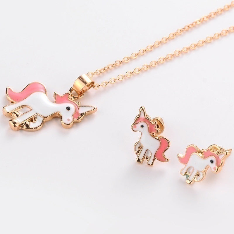 Cartoon Unicorn Necklace Earrings 4 in 1 Jewelry Set