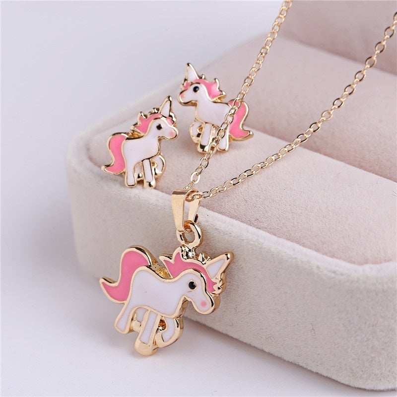 Cartoon Unicorn Necklace Earrings 4 in 1 Jewelry Set
