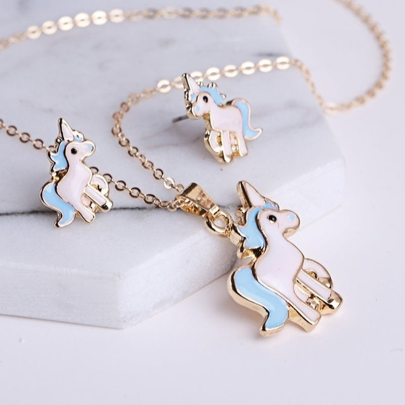 Cartoon Unicorn Necklace Earrings 4 in 1 Jewelry Set