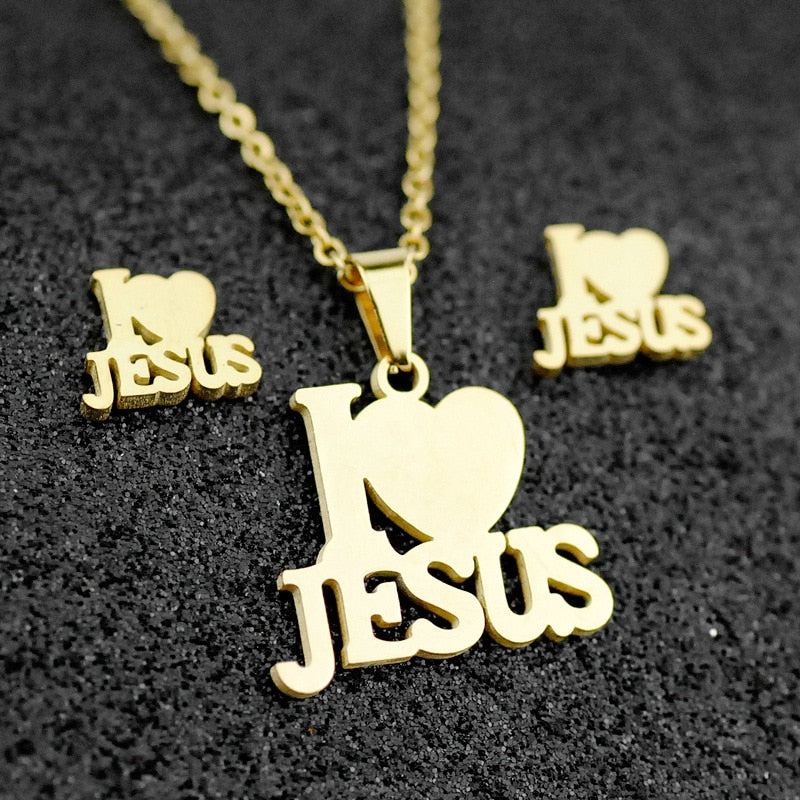 Stainless Steel Jesus Cross Necklace Jewelry Set