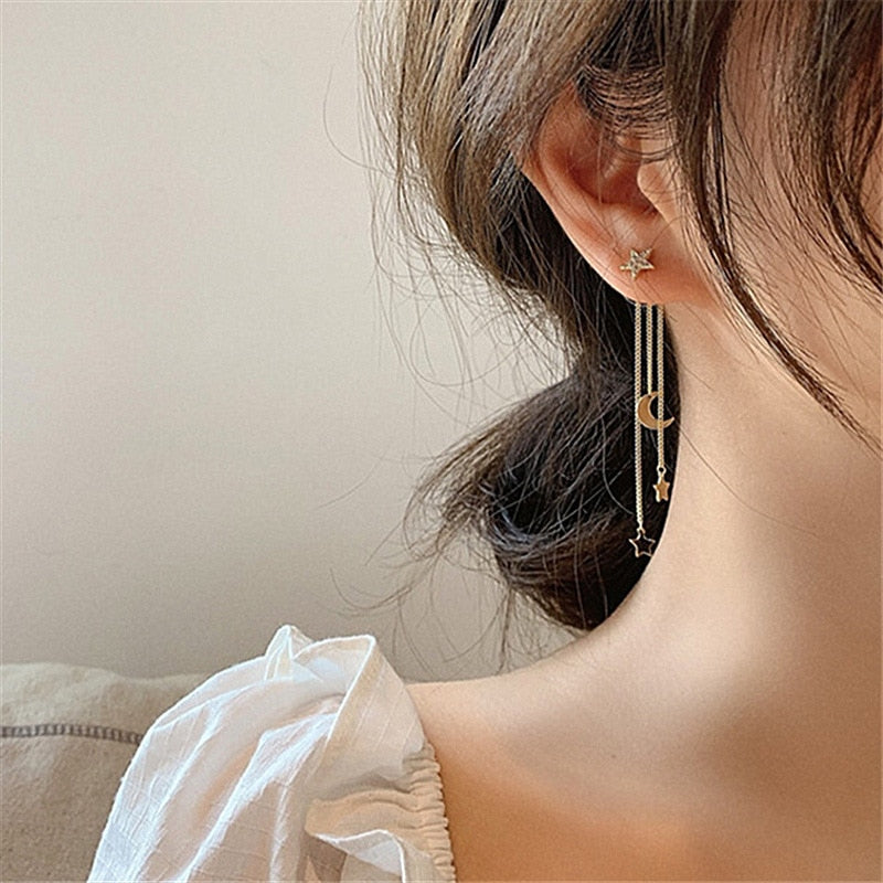 Korean Crystal Star Moon Long Tassel Dangle Earrings