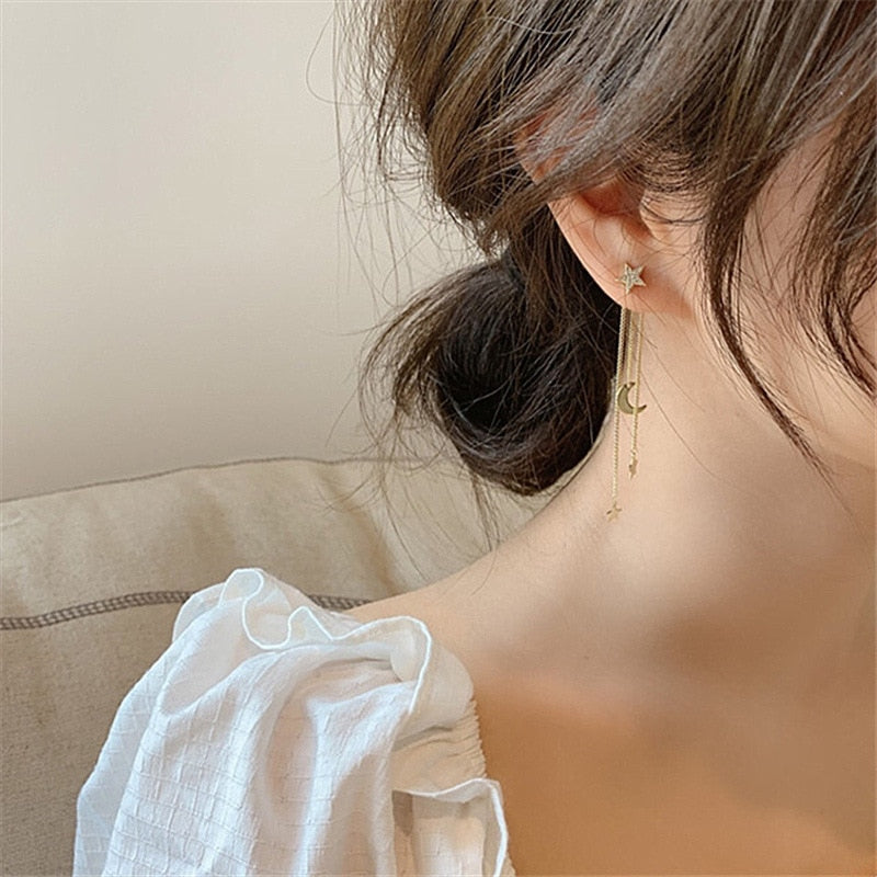 Korean Crystal Star Moon Long Tassel Dangle Earrings