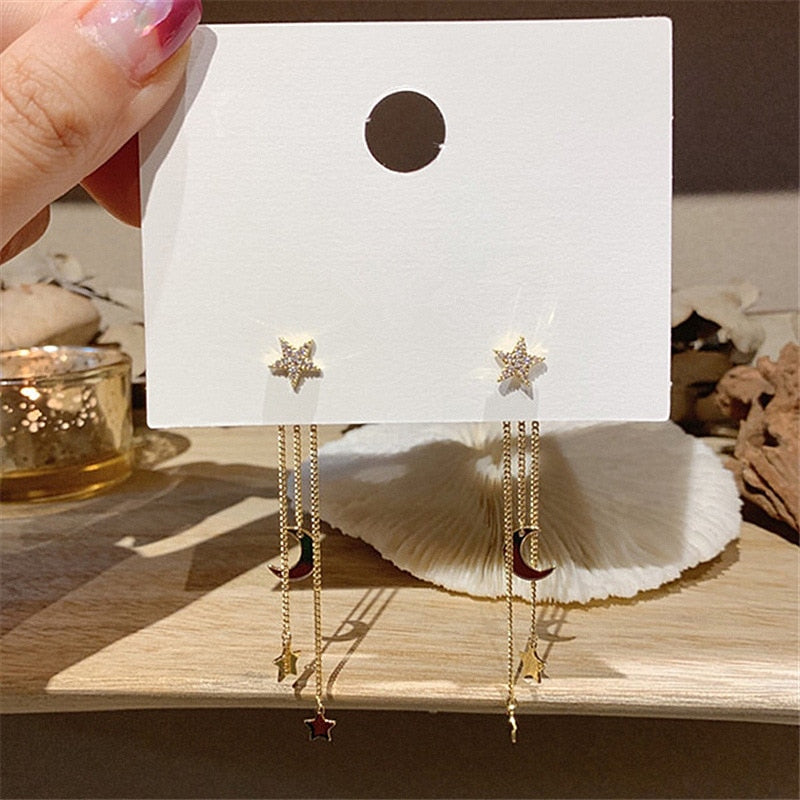 Korean Crystal Star Moon Long Tassel Dangle Earrings