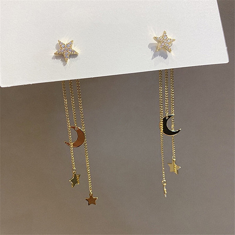 Korean Crystal Star Moon Long Tassel Dangle Earrings