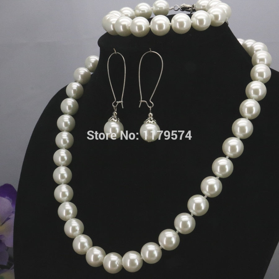 10mm White Round Shell Pearl Beads Necklace Bracelet Earrings Sets