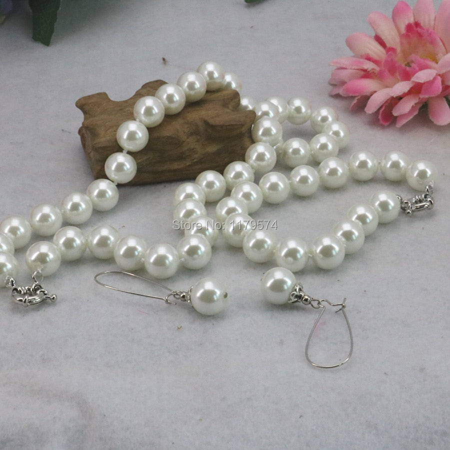10mm White Round Shell Pearl Beads Necklace Bracelet Earrings Sets