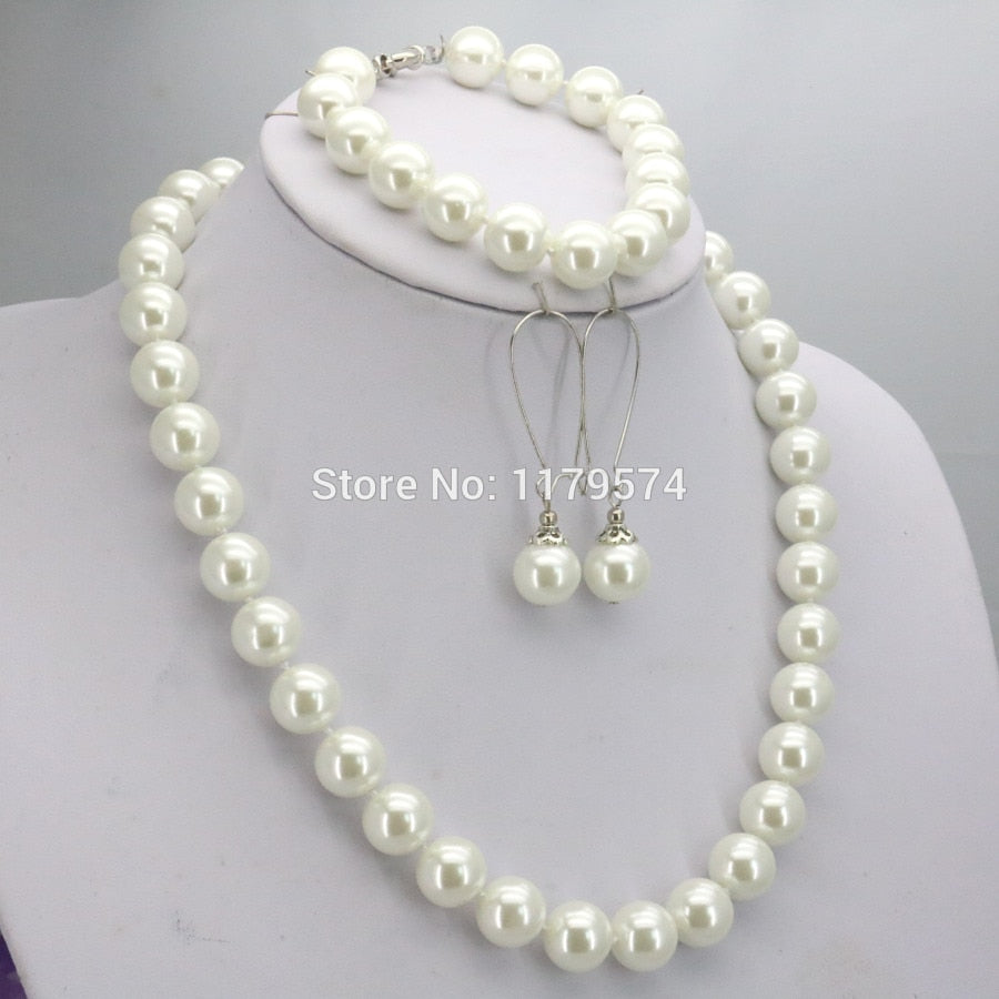10mm White Round Shell Pearl Beads Necklace Bracelet Earrings Sets