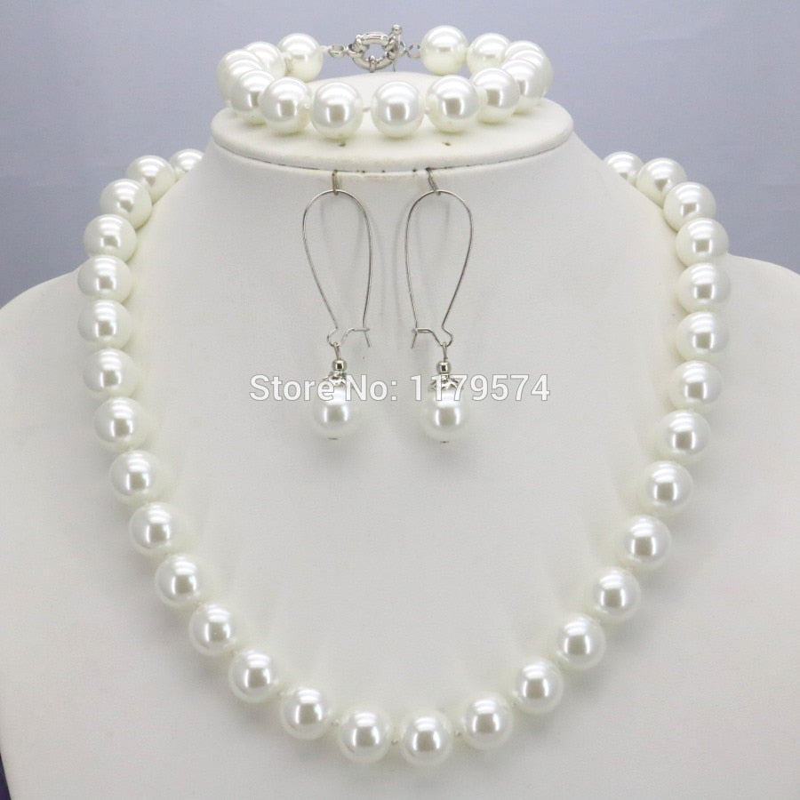 10mm White Round Shell Pearl Beads Necklace Bracelet Earrings Sets