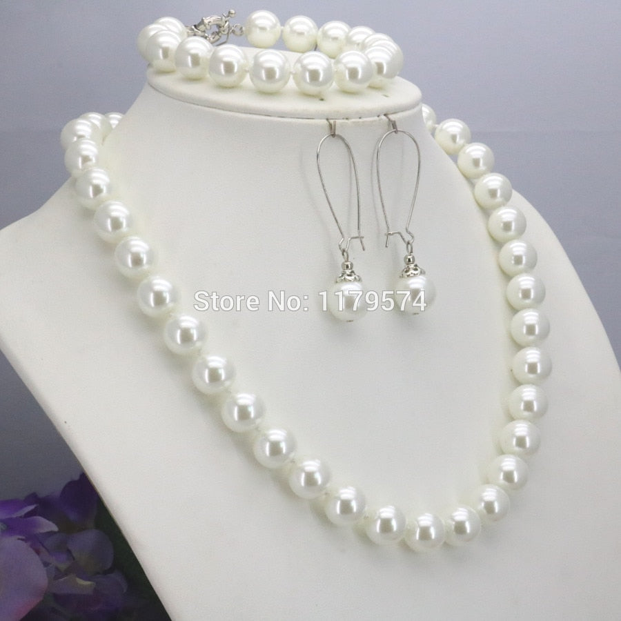 10mm White Round Shell Pearl Beads Necklace Bracelet Earrings Sets