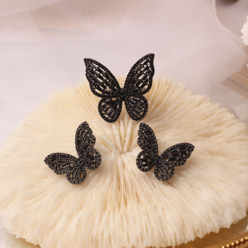 Exquisite Copper Inlaid Zircon Black Smart Butterfly Women's Set