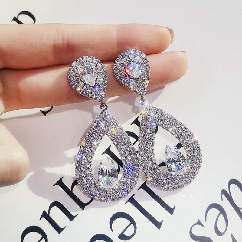 Classic Water Drop Shaped Cubic Zirconia Crystal Bridal Earrings