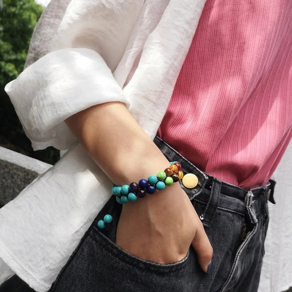 Pulseras de lava trenzadas de doble capa hechas a mano con piedra natural de los 7 chakras