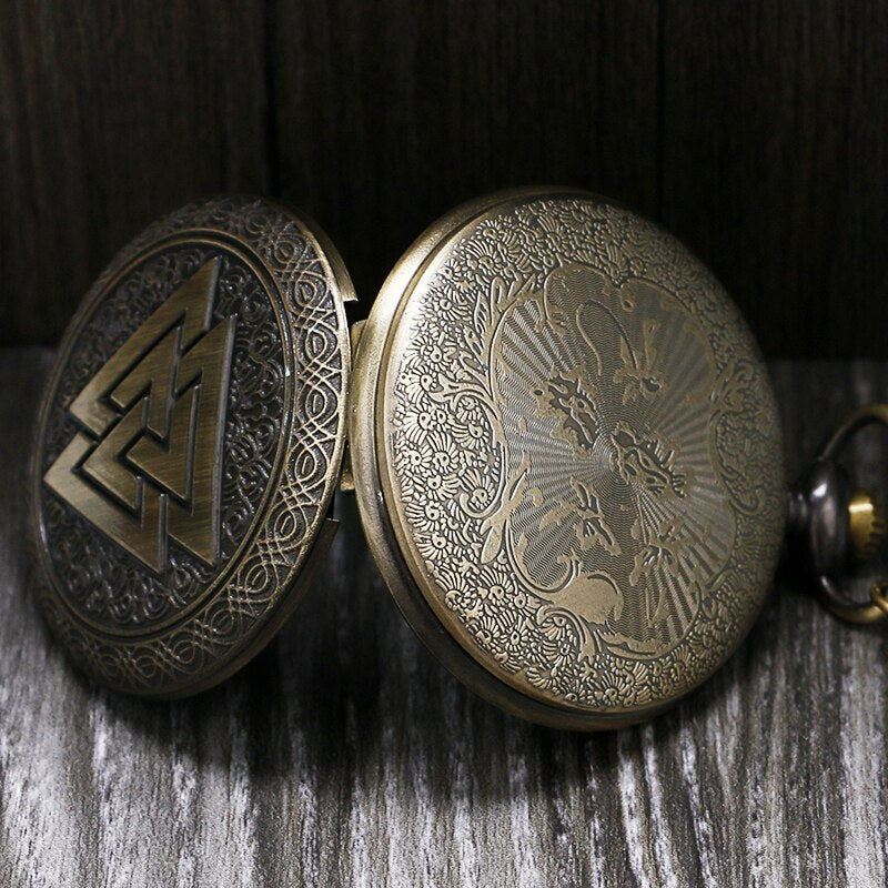 Vintage Triangle Valknut Norse Vikings Bronze Quartz Pocket Watch