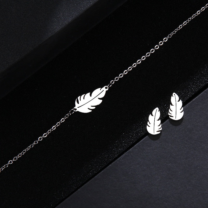 Feather Shape Necklace Bracelet Earring Lover's Sets For Women
