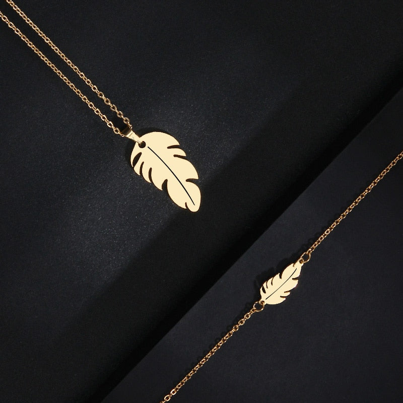Feather Shape Necklace Bracelet Earring Lover's Sets For Women