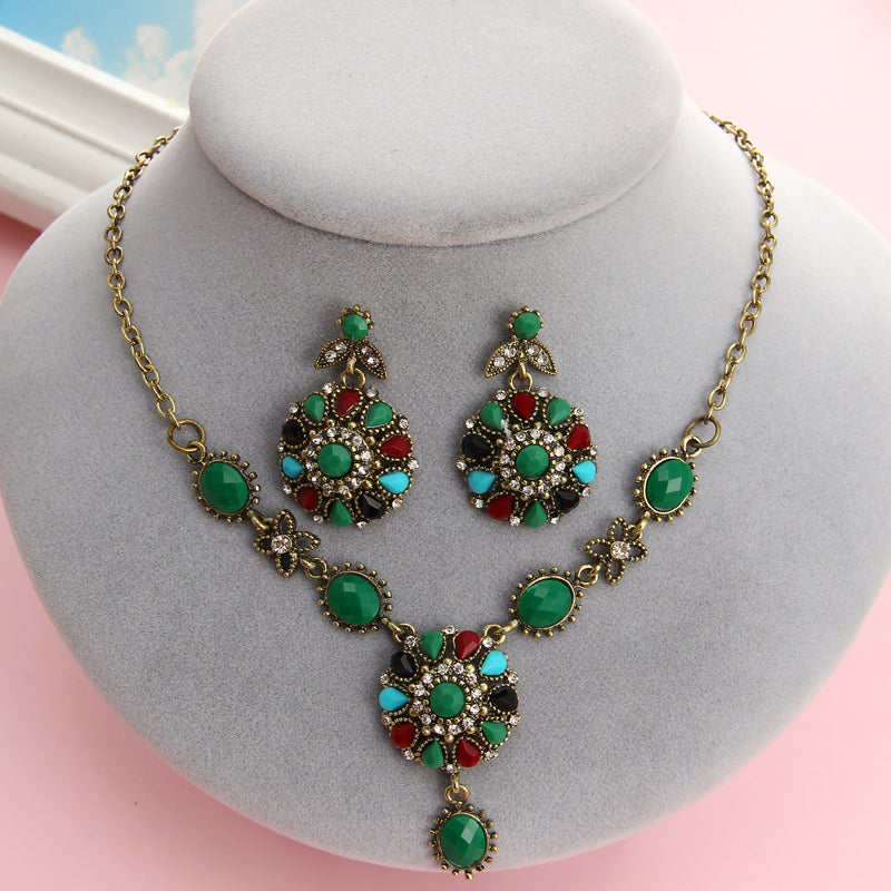 Vintage Crystal   Multi Colour Gold Chunky Necklace EarringsTurkish Jewelry Sets