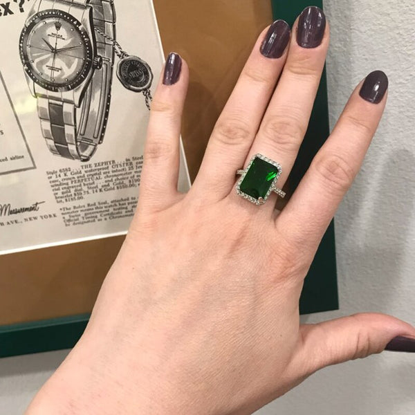Large Green Stone Bright Ring Square Silver Color Rings