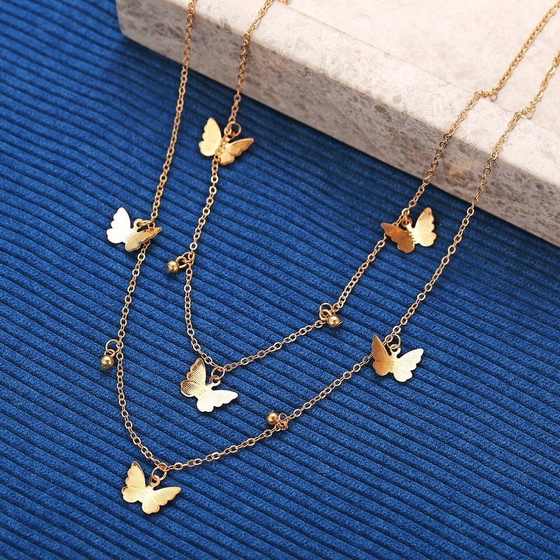 Alloy Double-Layer Clavicle Chain Butterfly Dangle Necklace
