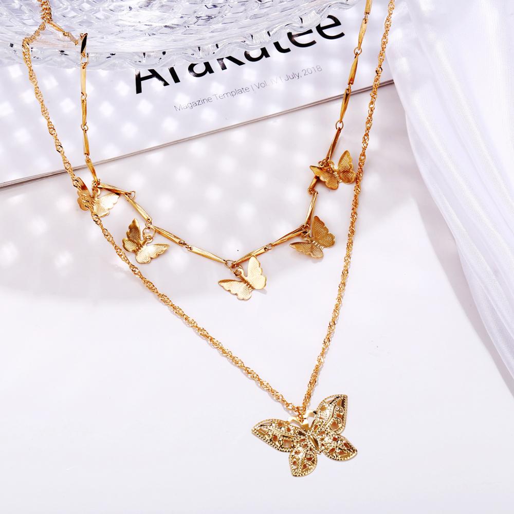 Alloy Double-Layer Clavicle Chain Butterfly Dangle Necklace