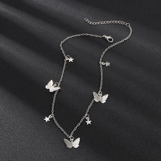 Alloy Double-Layer Clavicle Chain Butterfly Dangle Necklace