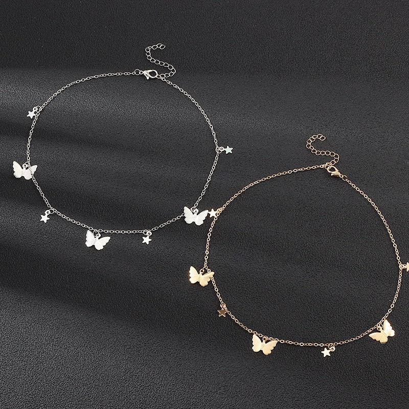 Alloy Double-Layer Clavicle Chain Butterfly Dangle Necklace